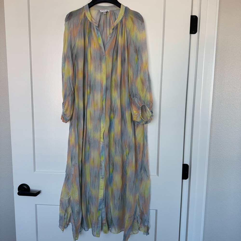 Jessie Liu 100% Silk Maxi Shirt Dress XS Button Boho Chic Cover up Resortwear